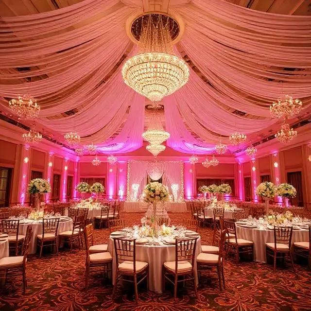 A stunningly decorated wedding reception hall, showcasing the work of multiple vendors.