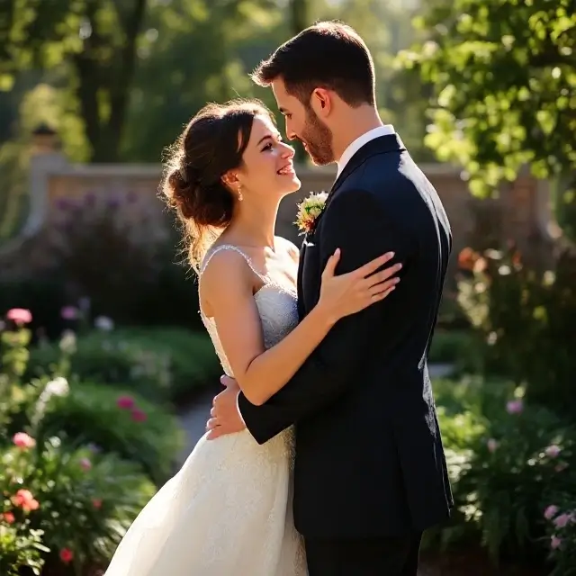 Bride and groom embrace in a sunlit garden.