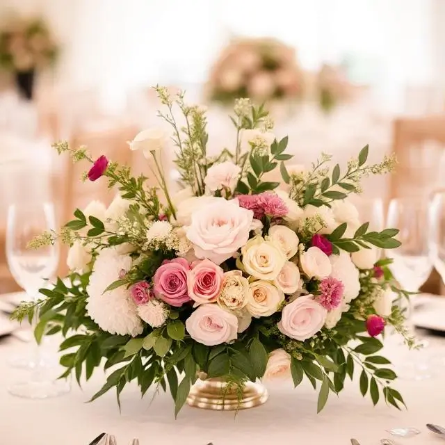 Elegant floral centerpiece on a wedding table.
