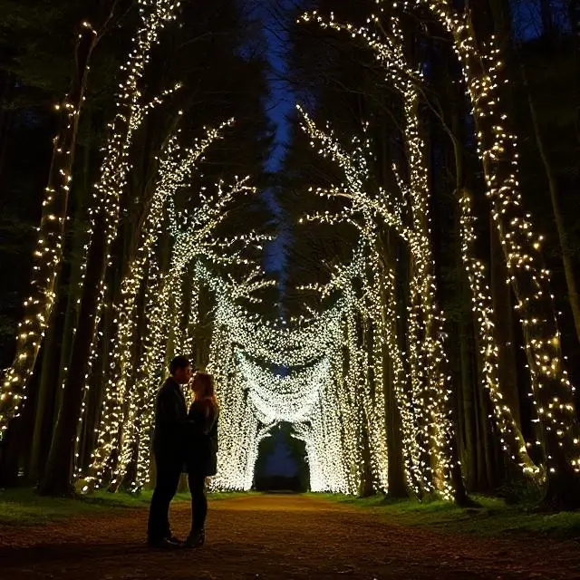 A couple stands under a canopy of fairy lights in a forest.