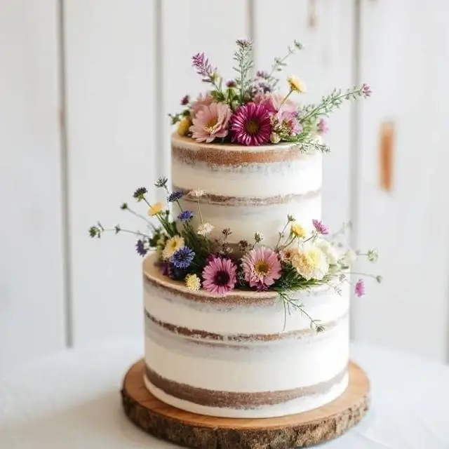 A rustic, bohemian-style wedding cake with wildflowers.