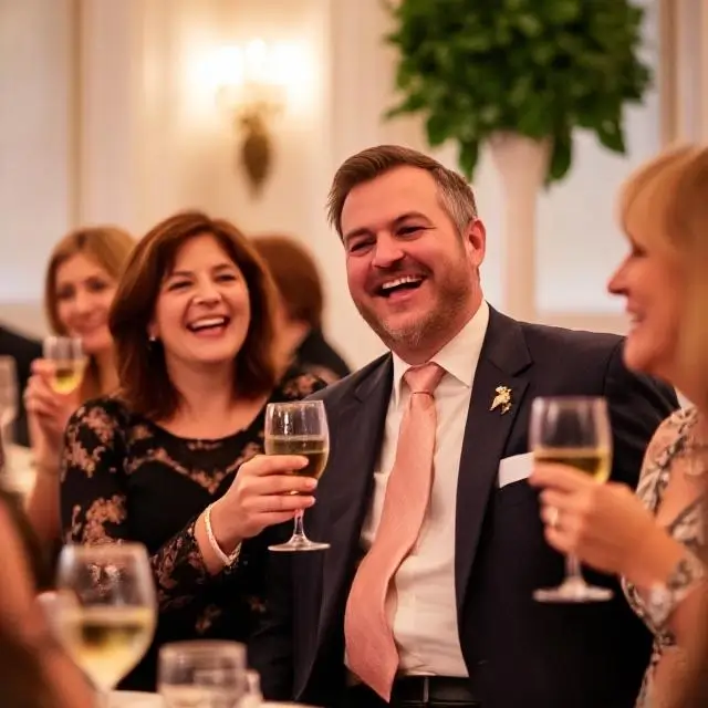 Guests laughing during a toast.