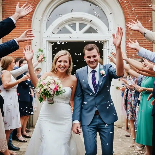 A couple's joyful exit through confetti.