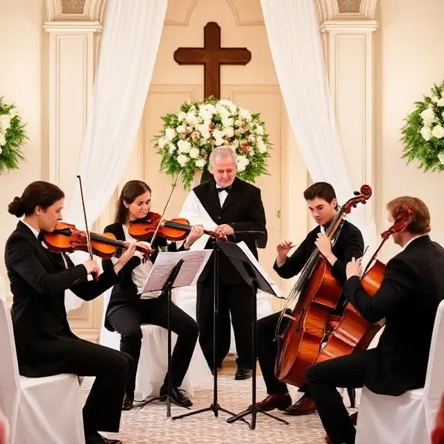 A string quartet playing during a wedding ceremony.