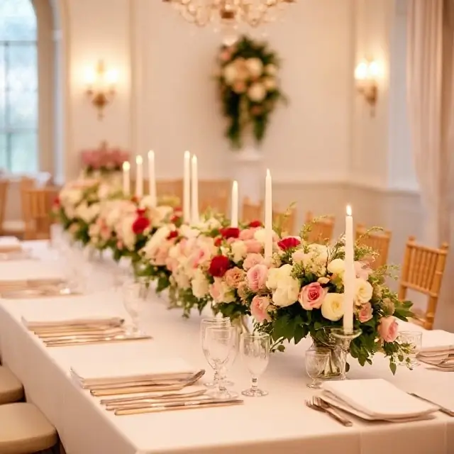A beautifully set wedding table with floral arrangements.