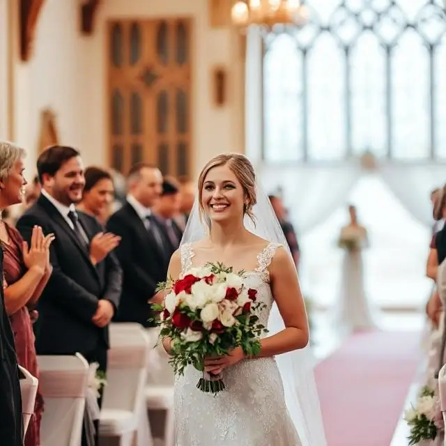A bride smiling as she walks down the aisle.