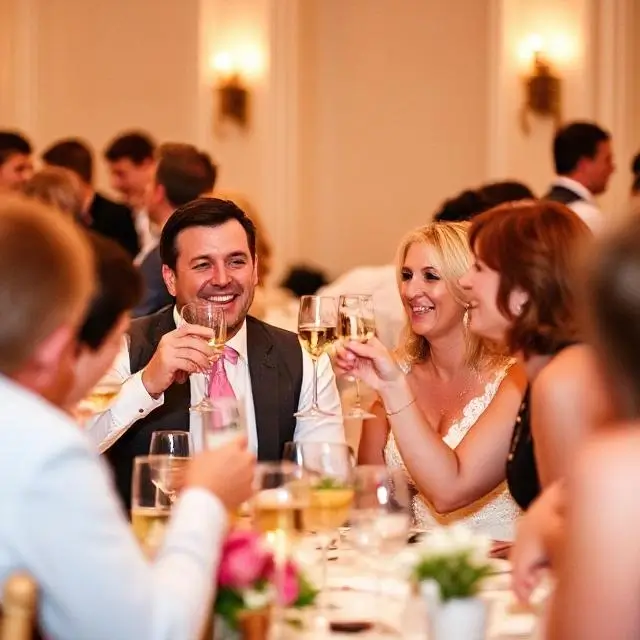 Guests laughing and toasting at a reception.