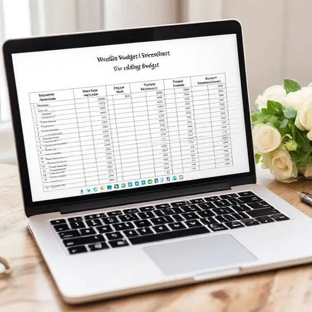 A detailed wedding budget spreadsheet on a laptop.