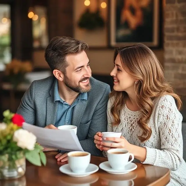 Couple discussing wedding plans over coffee.