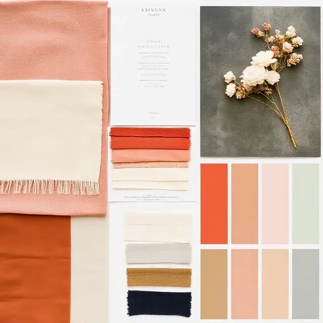 A moodboard with fabric swatches and color palettes for a wedding.