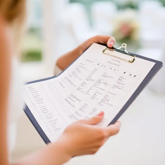 A wedding planner reviewing a detailed timeline on a clipboard.