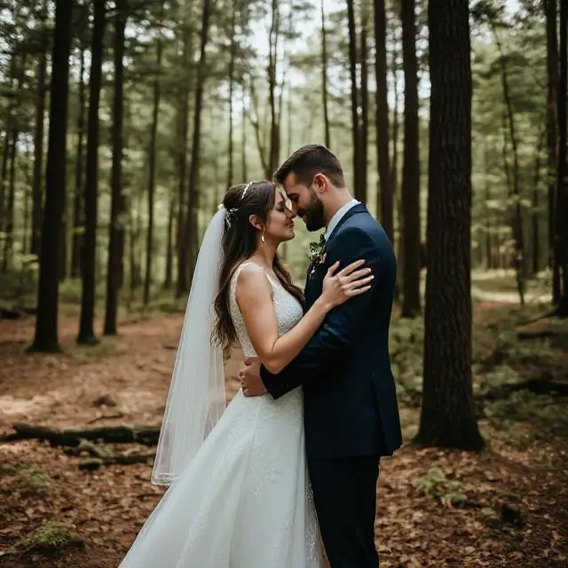 Bride and groom sharing an intimate moment in a forest setting.