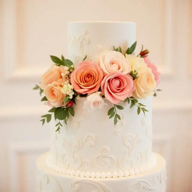 Elegant wedding cake with intricate floral decorations.