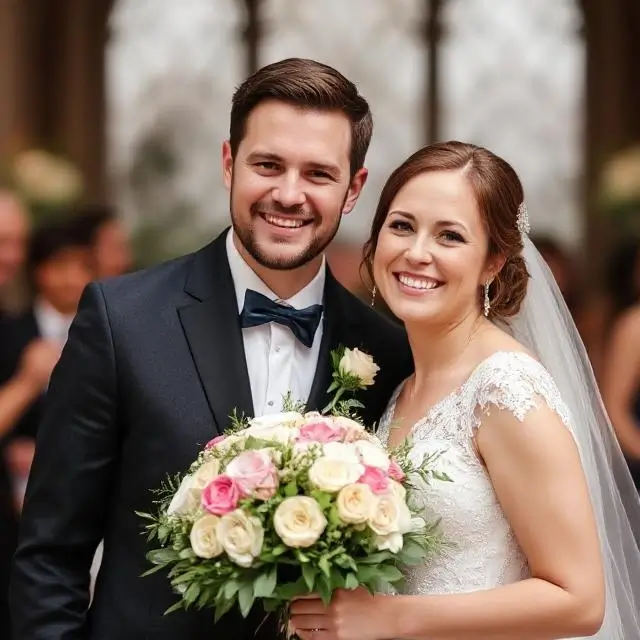 Happy couple, Emily & David, smiling on their wedding day.