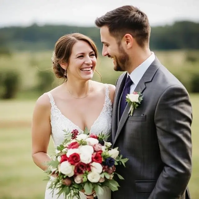 Couple, Chloe & Marcus, sharing a laugh during their outdoor wedding.