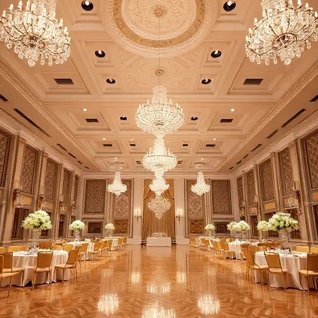 A grand ballroom with crystal chandeliers.