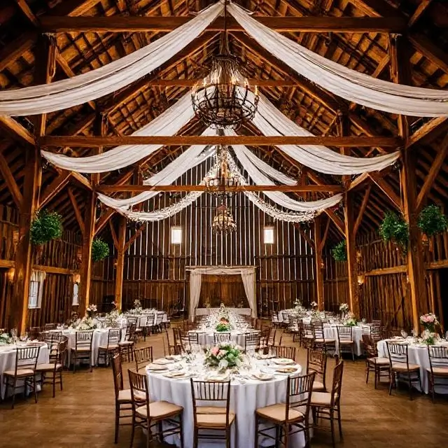 A rustic barn decorated for a wedding reception.