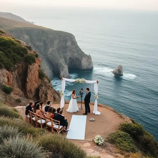 An outdoor wedding ceremony setup on a cliffside overlooking the ocean.