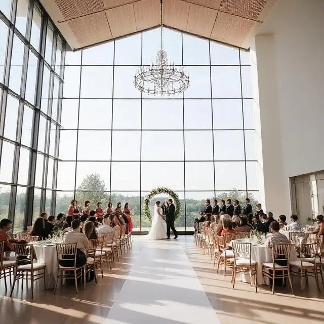 A modern, minimalist wedding venue with large windows.