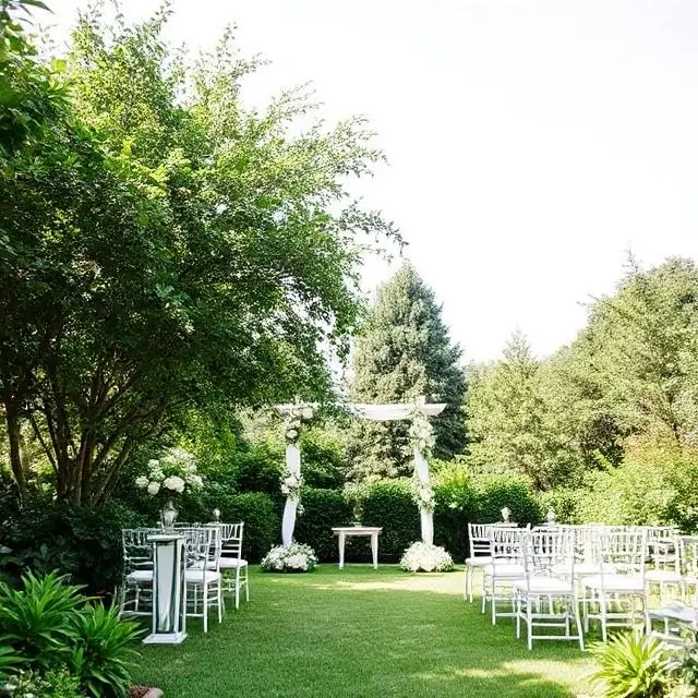 A lush, green garden set up for a wedding ceremony.
