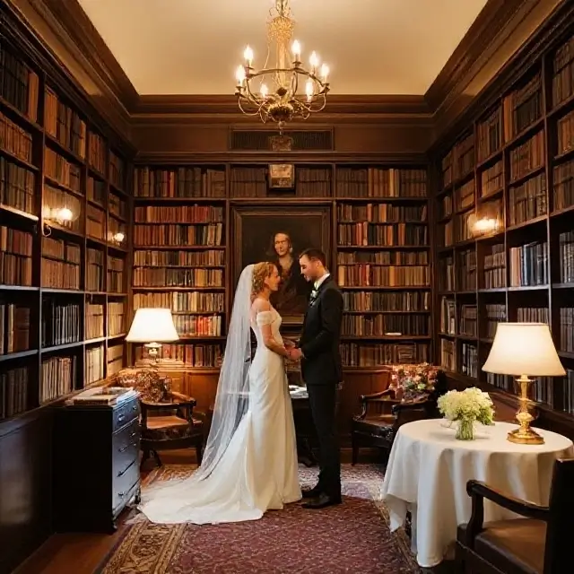 An intimate library setting for a small wedding.