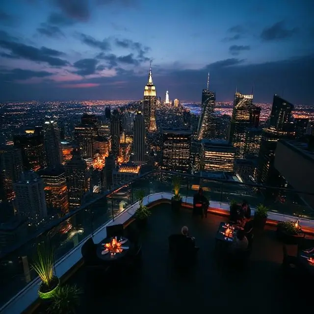 A rooftop venue with a stunning city skyline view at night.
