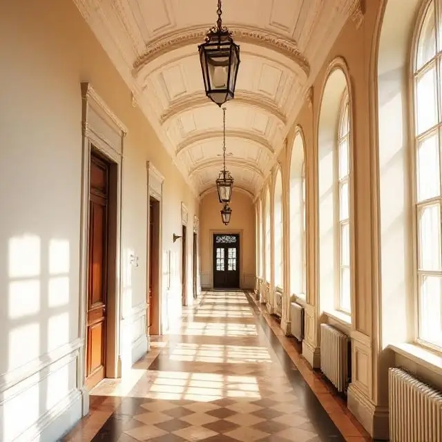 An elegant, sun-drenched hallway in a historic building.
