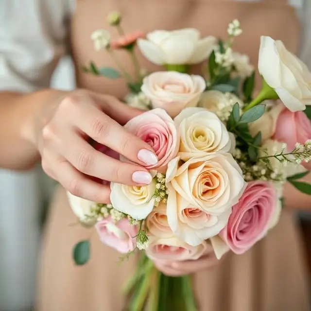 A close-up of a florist's hands delicately arranging a bouquet.
